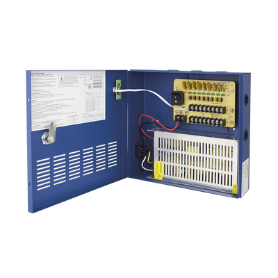 Fuente de poder profesional HEAVY DUTY de 11 - 15 Vcd @ 16 Amper, para 8 cámaras, con voltaje de entrada de: 110-220 Vca