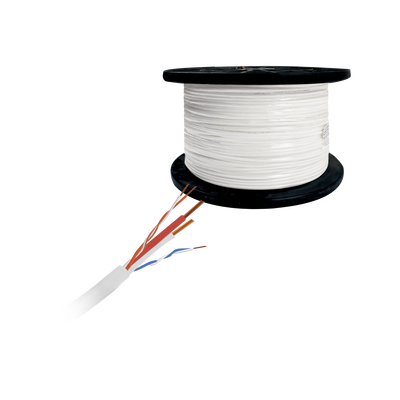 Carrete de ( 1640.42 ft ), 500 m, 2 pares Cat5e, + 1 par calibre 16 para alimentación, de color blanco, para aplicaciones de domos PTZ a distancias largas , Uso interior.