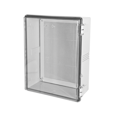 Gabinetes NEMA, cuerpo gris, cubierta transparente (350 x 450 x 200 mm), para interior y exterior, incluye panel