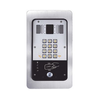 Portero IP 2 lineas SIP, con relevador integrado y lector RFID (MIFARE) para acceso por clave numérica, tarjeta o llamada remota, PoE incluye montaje EX31-KIT