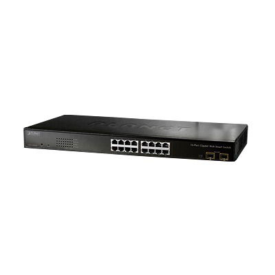 Switch gigabit administrable L2 de 16 puertos 10/100/1000 Mbps con 2 puertos gigabit/SFP compartidos Switch gigabit administrable L2 de 16 puertos 10/100/1000 Mbps con 2 puertos gigabit/SFP compartidos