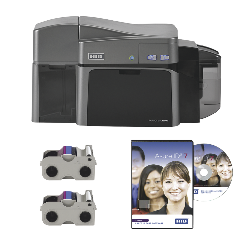 DTC1250e Dual Side printer with USB Cable, AsureID Express, Two EZ - full-color ribbon cartridges YMCKO (250 images ea)