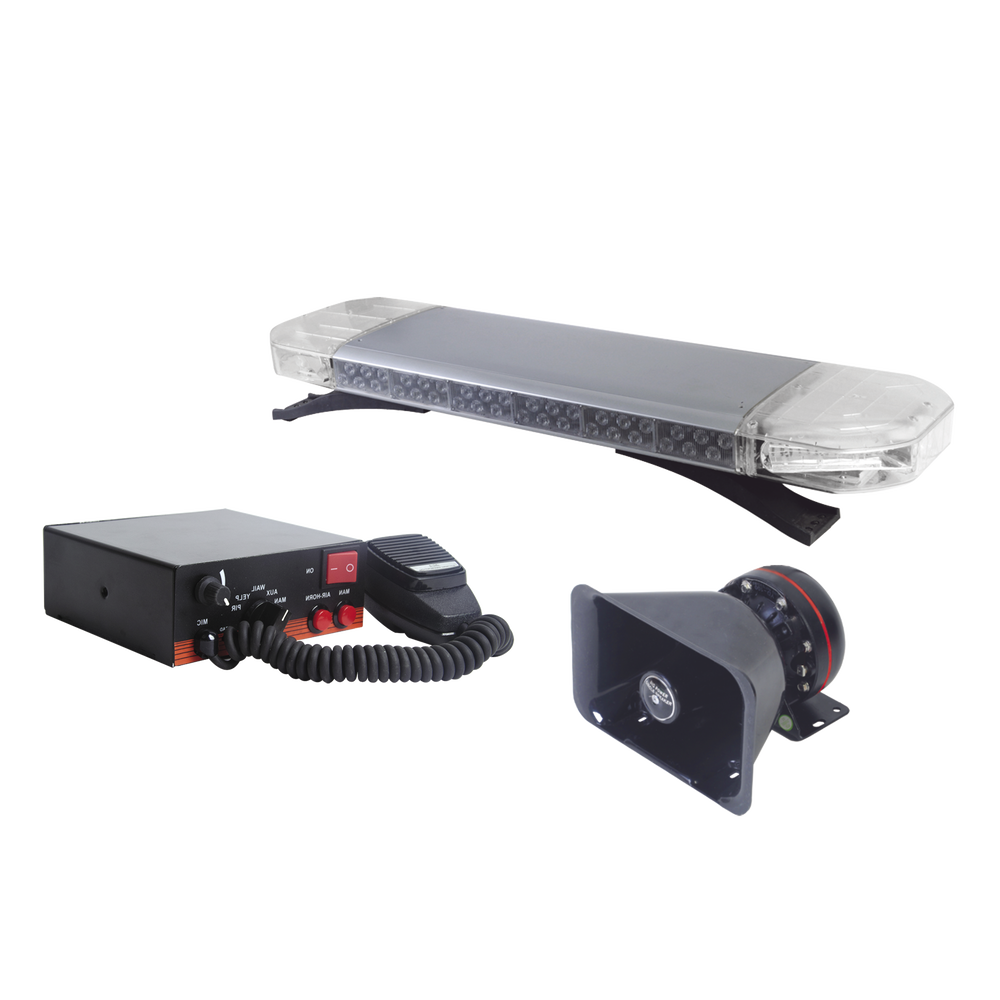 Kit básico para equipar unidades de Seguridad Pública (Barra de Luces Rojo-Azul, Sirena y Bocina) Kit básico para equipar unidades de Seguridad Pública (Barra de Luces Rojo-Azul, Sirena y Bocina)