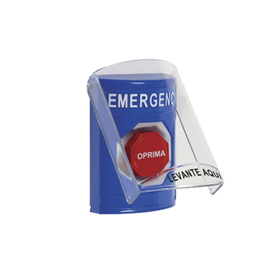 Botón de Emergencia con Bocina de Advertencia Integrada, Texto en Español, Tapa Protectora de Policarbonato Súper Resistente, Restablecimiento con Llave