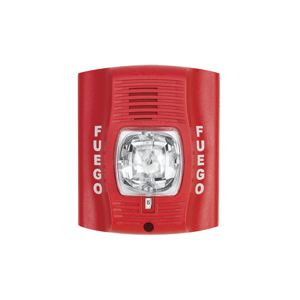 Red two-wire horn strobe with selectable strobe settings and marked with 