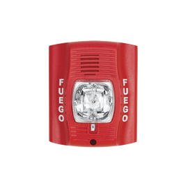 Red two-wire horn strobe with selectable strobe settings and marked with 
