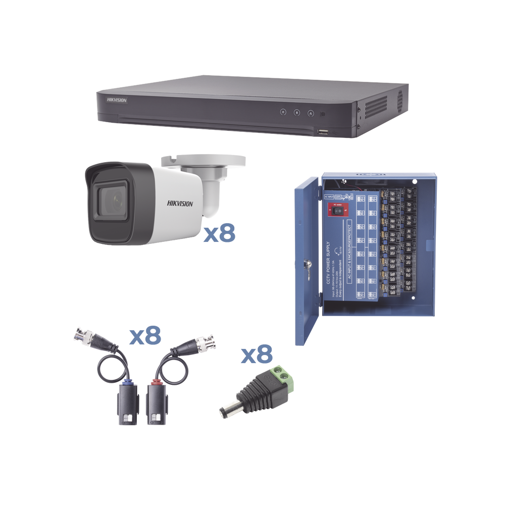 KIT TurboHD 1080p / DVR 8 Canales / 8 Cámaras Bala (exterior 2.8 mm) / Transceptores / Conectores / Fuente de Poder Profesional hasta 15 Vcd para Larga Distancia