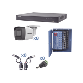 KIT TurboHD 1080p / DVR 8 Canales / 8 Cámaras Bala (exterior 2.8 mm) / Transceptores / Conectores / Fuente de Poder Profesional hasta 15 Vcd para Larga Distancia