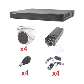 KIT TurboHD 1080p / DVR 4 Canales / 4 Cámaras Domo (interior 2.8 mm) / Transceptores / Conectores / Fuente de Poder Profesional