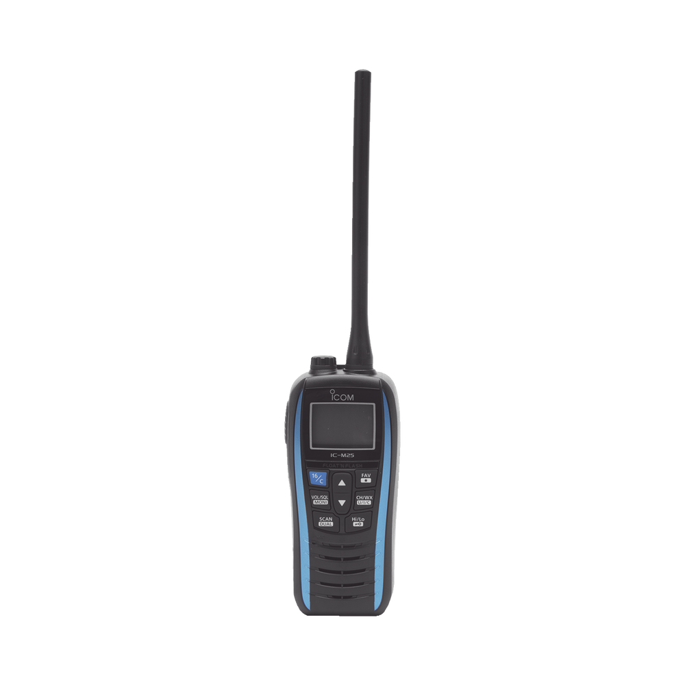 5W Floating Marine VHF Handheld, Marine Blue, Frequency Range Rx: 156.050-163.275MHz Tx: 156.025-157.425MHz. Battery, Charger, Antenna and Clip Belt Included