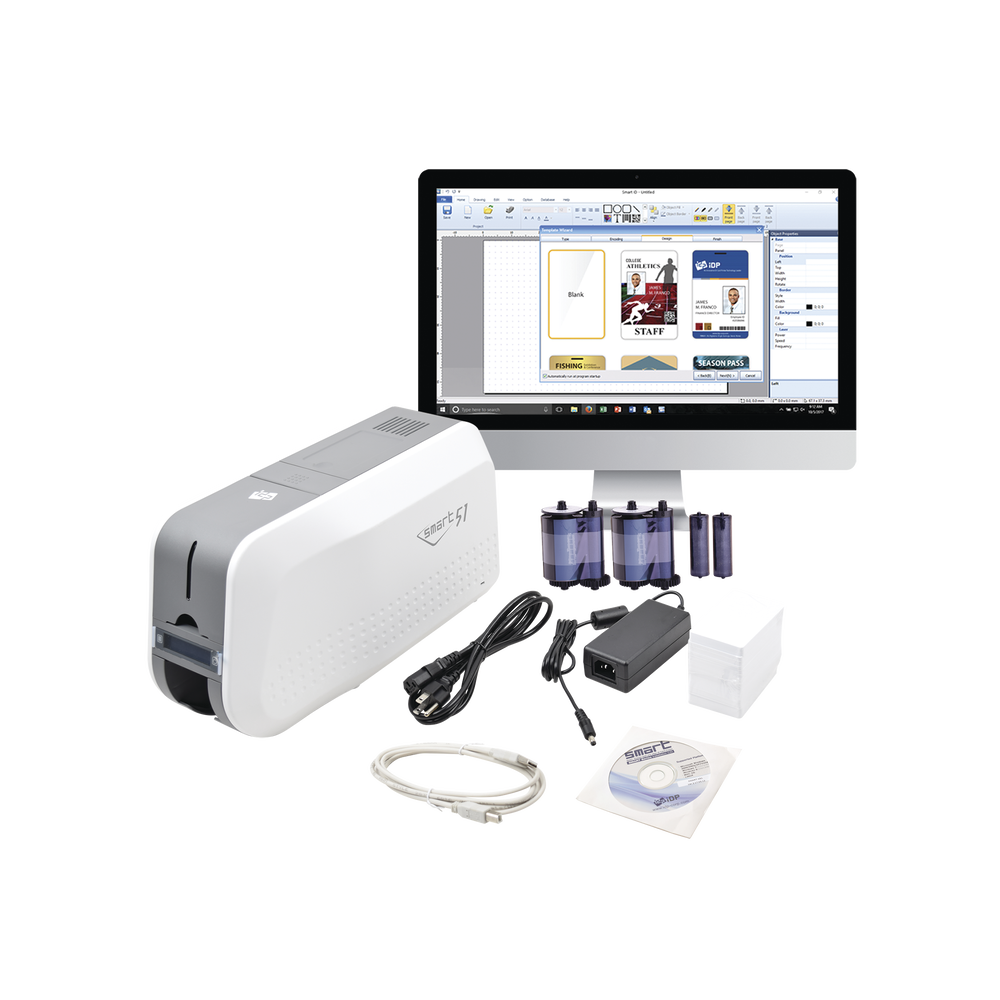 SMART51SK Kit Printer PVC Card / Single Side / Includes: 2 x Color Ribbon, 100 PVC Cards, Cleaning Kit, Software