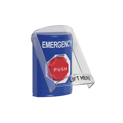 Botón de Emergencia con Bocina de Advertencia Integrada, Texto en Inglés, Tapa Protectora de Policarbonato Súper Resistente, Restablecimiento con Llave