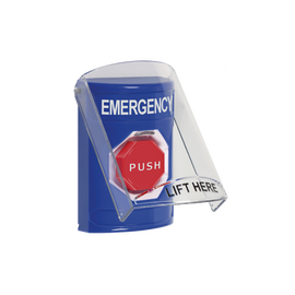 Botón de Emergencia con Bocina de Advertencia Integrada, Texto en Inglés, Tapa Protectora de Policarbonato Súper Resistente, Restablecimiento con Llave
