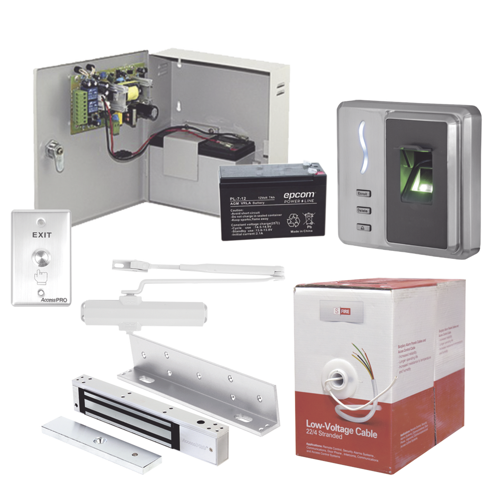 Sistema Completo de Acceso, Incluye Lector Biometrico, Chapa magnética con bracket, Cierra puerta, Botón de Salida, Cable 