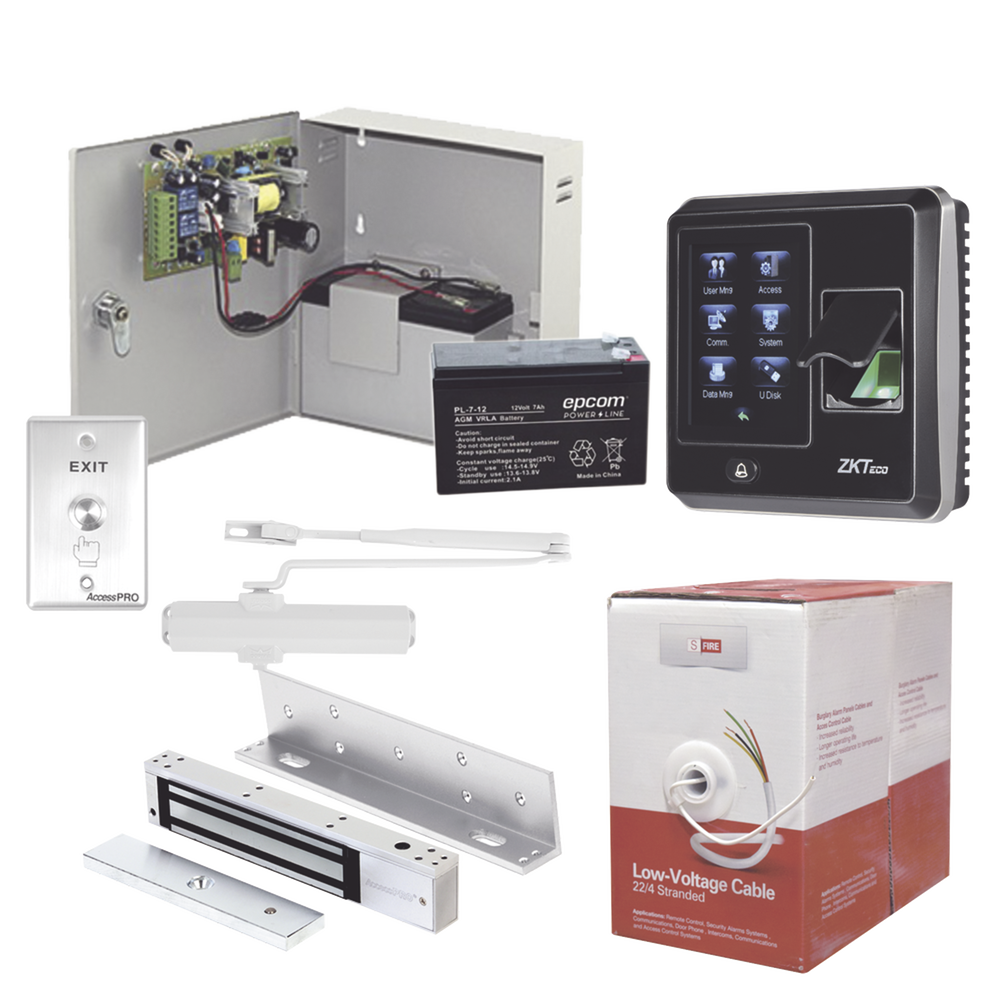 Sistema Completo de Acceso, Incluye Lector Biometrico SF300, Chapa magnética con bracket, Cierra puerta, Botón de Salida, Cable 