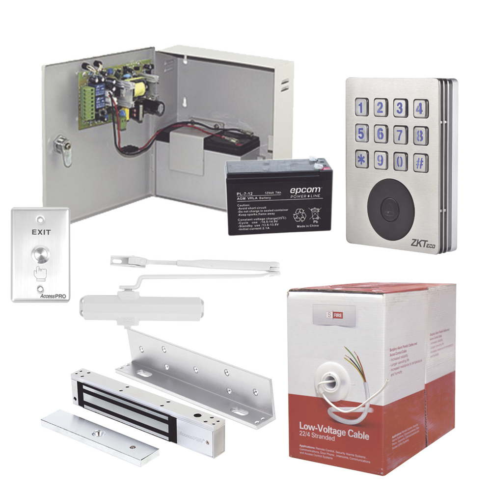Sistema Completo de Acceso, Incluye Teclado con lector de tarjetas, Chapa magnética con bracket, Cierra puerta, Botón de Salida, Cable 