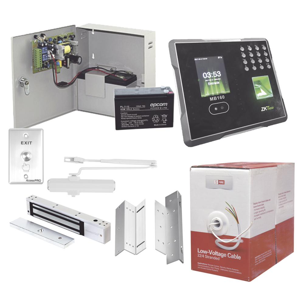 Sistema Completo de Acceso Y asistencia, Incluye Lector Biometrico MB160, Chapa magnética con bracket, Cierra puerta, Botón de Salida, Cable 