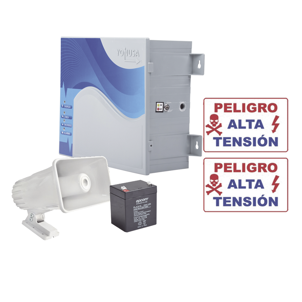 KIT de Energizador de 12,000Volts-.9JOULES/250 Mts de protección para 5 Lineas/Activado por Atenuación de voltaje,Corte de línea o Aterrizamiento de la línea/Integración a panel de Alarma.