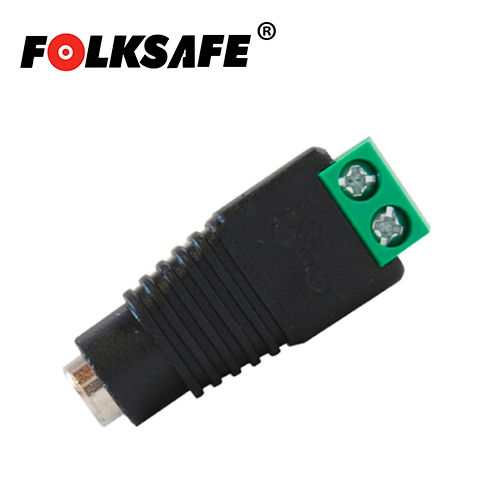 CONECTOR DE CORRIENTE HEMBRA FS-FC01 FOLKSAFE, TIPO JACK 3.5 MM PARA ALIMENTAR CAMARAS CCTV O REALIZAR EMPALME DE CABLEADO, CON BLOQUE POLARIZADO(+/-) PARA ATORNILLAR EL CABLE DE CORRIENTE O UTP, MEDIDAS DEL CONECTOR 2.1 x 5.5 MM