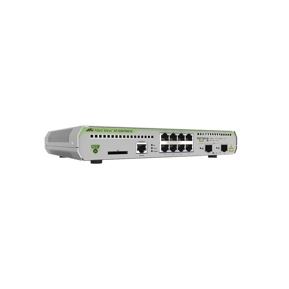 Switch PoE+ Administrable CentreCOM GS970M, Capa 3 de 8 Puertos 10/100/1000 Mbps + 2 SFP Gigabit, 124 W