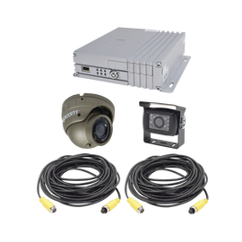 Sistema de videovigilancia móvil AHD todo en uno, incluye MDVR de 4 canales análogos AHD que soporta almacenamiento en memoria SD,  1 cámara domo para interior con micrófono integrado, 1 cámara tipo turrent AHD para exte