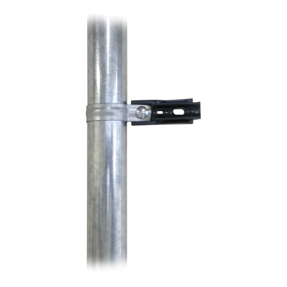 Aislador de paso o esquina con abrazadera incluida de 33-38mm para uso en tubería de malla ciclónica.