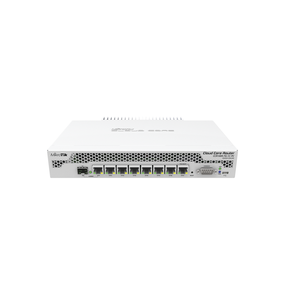 MikroTik Cloud Core Router CCR1009-7G-1C-PC - Router - GigE - montaje en rack - 272 X 190 X47mm - RouterOS - RAM: 1 GB - Almacenamiento: 128 MB -  PoE Pasivo