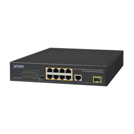 Switch no Administrable 8 puertos 10/100 c/ PoE, 1 puerto Uplink 10/100/1000 y 1 SFP 100/1000 para escritorio