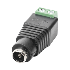 Adaptador tipo jack de 3.5 mm hembra polarizado de 12 Vcd con terminales tipo tornillo.
