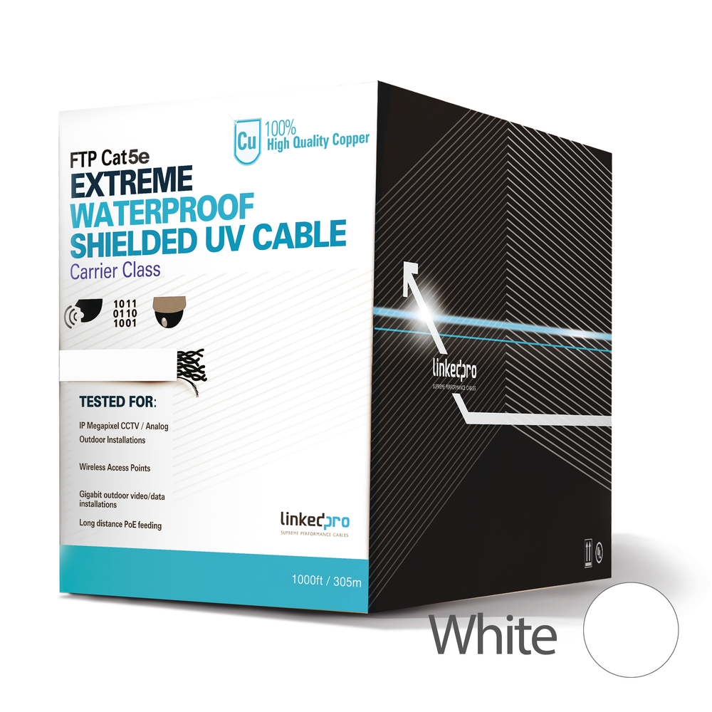 Bobina de cable de 305 m, Cat5e, para intemperie, sin blindar, color blanco, UL, para aplicaciones en CCTV, redes de datos.