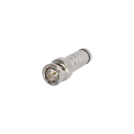 Conector BNC Macho en 75 Ohm, de Compresión Axial para Cable Coaxial RG-59/U, Níquel/ Oro/ Politetrafluoroetileno.