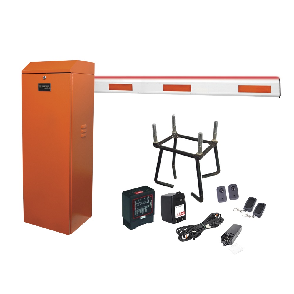 Kit completo Barrera Derecha XB anaranjada / 3 m / Iluminación LED Rojo-Verde / Incluye: sensor de masa, transformador, lazo, ancla, fotoceldas y 2 controles inalámbricos