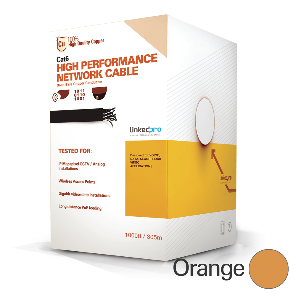 Reel 1000 ft Cat6 cable high performance, Orange color, super-flexible, UL, for CCTV applications and data networks