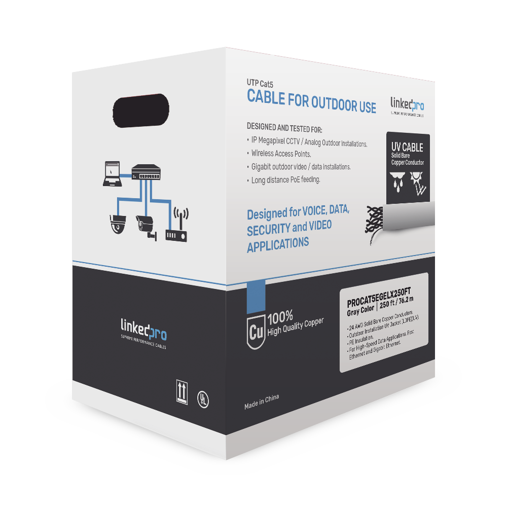 Reel CAT5e 250ft Cable Coil with Outdoor  and Underground Gel, double jacket, UL, Black, for CCTV Applications, and High-Speed Networks, Outdoor Use