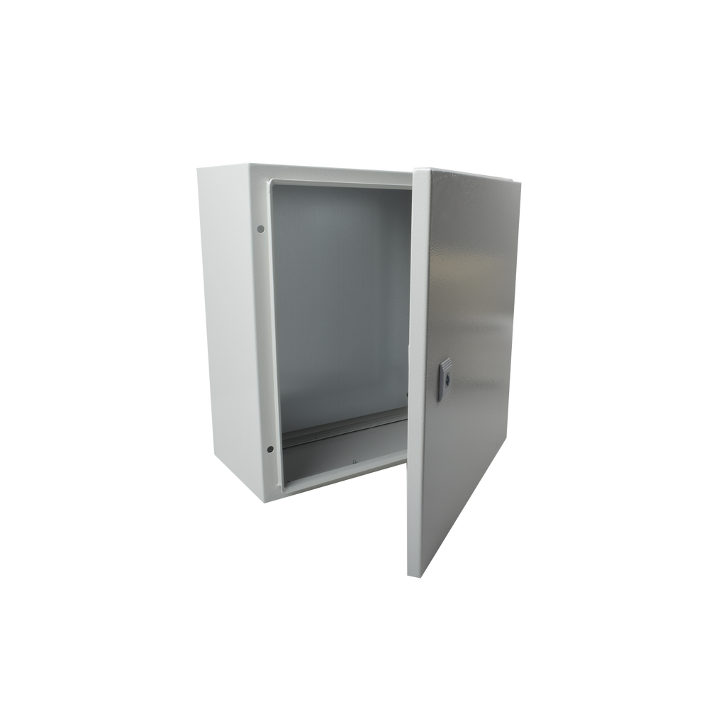 Gabinete de Acero IP66 Uso en Intemperie (400 x 400 x 200 mm) con Placa Trasera Interior y Compuerta Inferior Atornillable (Incluye Chapa y Llave).