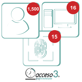 Licencia para software de Tiempo & Asistencia compatible con SISTEMAS DE NOMINA / 1,500 Empleados / 15 Relojes checadores / 16 PC / Acceso3 - TITANIUM