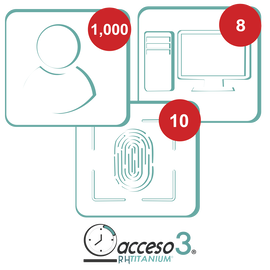 Licencia para software de Tiempo & Asistencia compatible con SISTEMAS DE NOMINA / 1,000 Empleados / 10 Relojes checadores / 8 PC / Acceso3 - TITANIUM