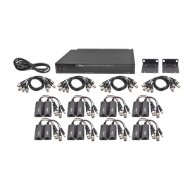 Kit de 16 canales para transmisión de ALIMENTACION ( de 36 Vcd a 12 Vcd) y video (HD-TVI) a distancias de hasta 250 m.