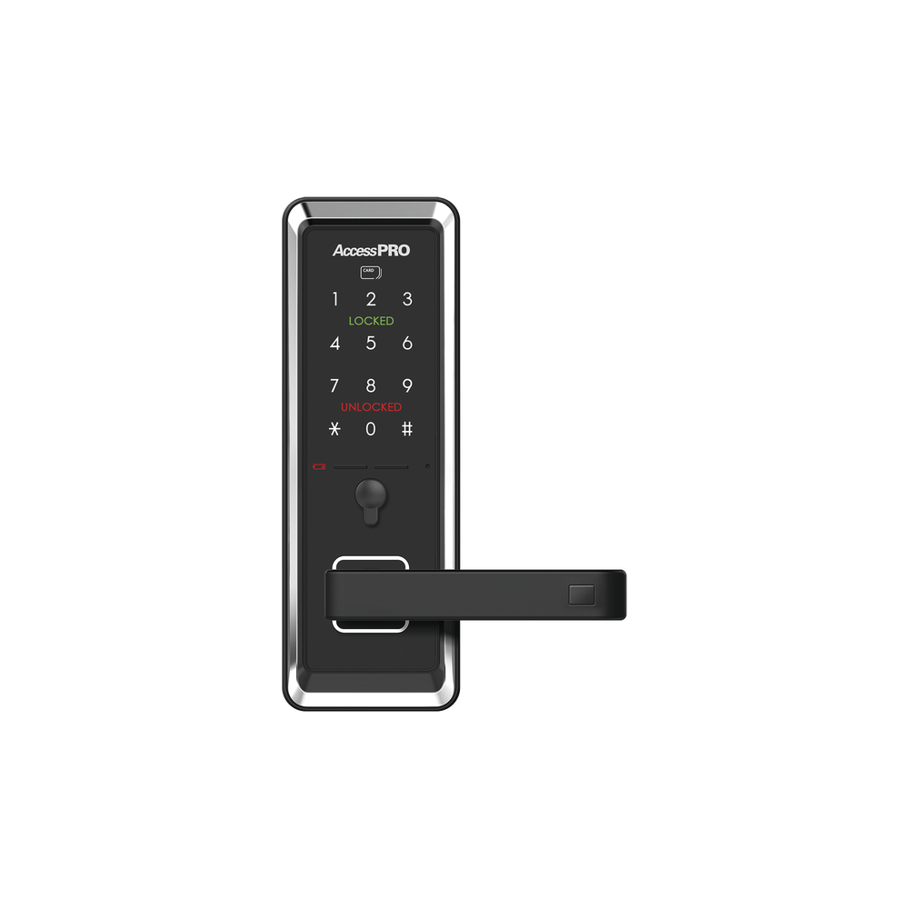 Cerradura inteligente con teclado Touch Screen, Apertura con tarjeta Mifare /Contraseña y Llave de emergencia de diseño compacto para puertas de perilla simple