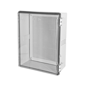 Gabinetes NEMA, cuerpo gris, cubierta transparente (350 x 450 x 200 mm), para interior y exterior, incluye panel