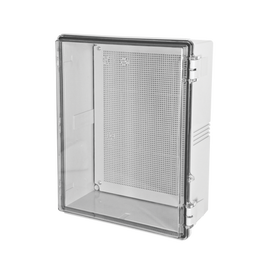 Gabinetes NEMA, cuerpo gris, cubierta transparente (350 x 450 x 200 mm), para interior y exterior, incluye panel