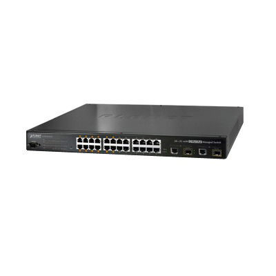 Switch PoE administrable L2 de 24 puertos 10/100 Mbps con 12 puertos PoE 802.3af + 2 puertos Gigabit/SFP Switch PoE administrable L2 de 24 puertos 10/100 Mbps con 12 puertos PoE 802.3af + 2 puertos Gigabit/SFP