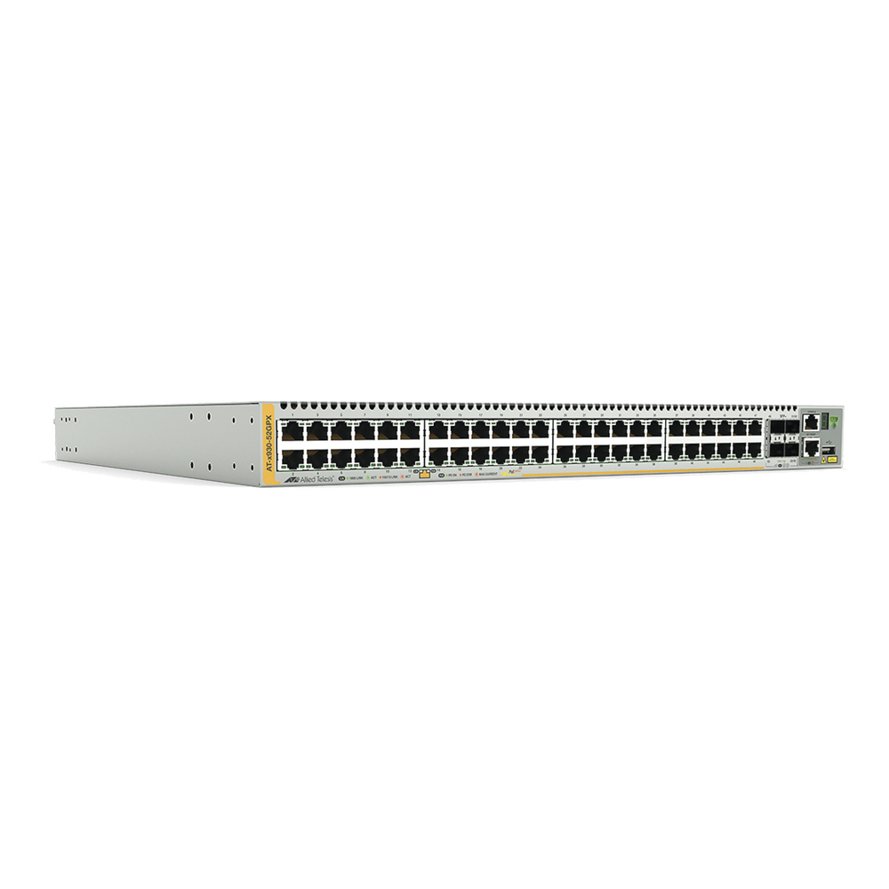 Switch PoE+ Stackeable Capa 3, 48 puertos 10/100/1000 Mbps + 4 puertos SFP+ 10 G y dos bahías hotswap PSU, Versión Federal