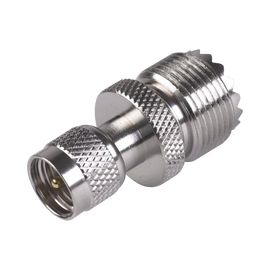 Adaptador de Conector Mini UHF Macho a UHF Hembra (SO-239), Níquel/ Oro/ Teflón.
