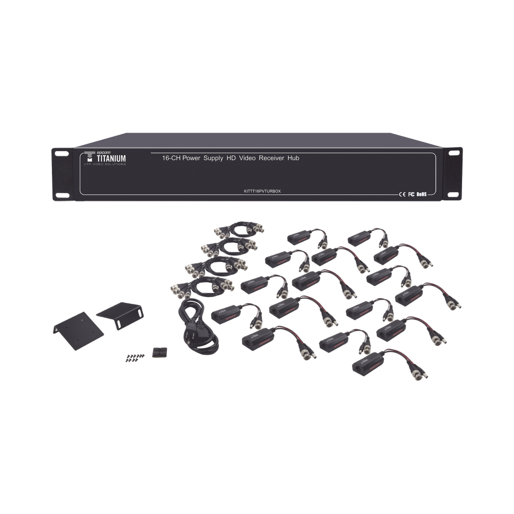 150 metros en 4K , 200 metros en 5MP , VIDEO+PODER / 16 Canales / TODO INCLUIDO PARA RACK /  Para transmisión de alimentación ( de 36 Vcd a 12 Vcd) y video (HD-TVI) / 4K / SIN RUIDO / INSTALACIÓN LIMPIA
