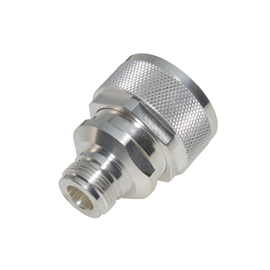 Adaptador en Línea de Conector DIN 7-16 Macho a N Hembra, Plata/ Plata/ Teflón.