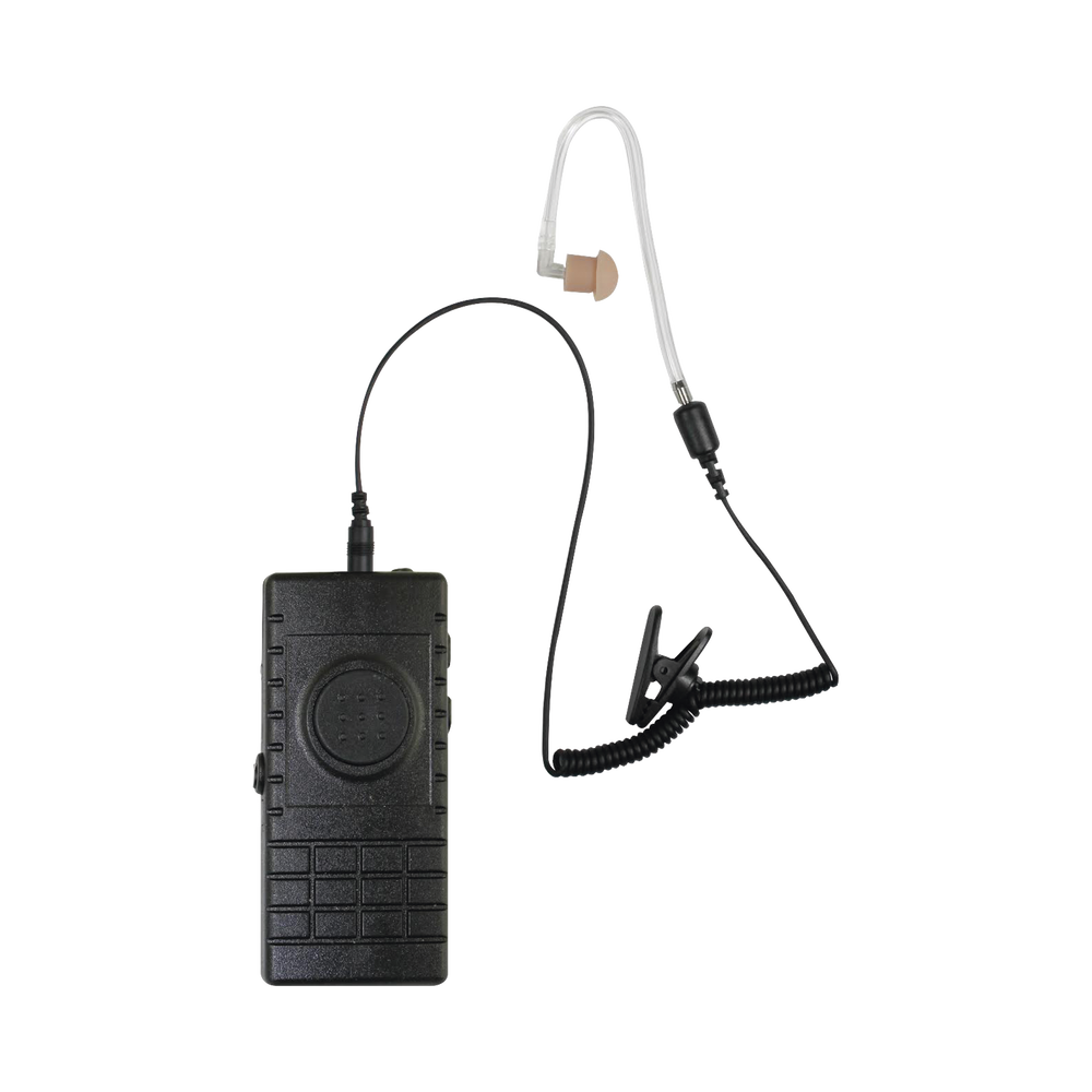Bluetooth lapel microphone with bullet acoustic tube with charger and base.
