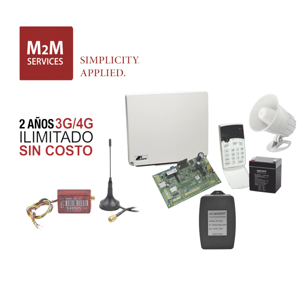 (2 Años 4G ILIMITADO INCLUIDO) Kit Alarma Runner4/8, comunicador MN02LTEM, incluye teclado de leds, batería, transformador y gabinete