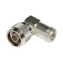 Adaptador en Ángulo Recto, de Conector N Macho a N Hembra, Plata/ Oro/ Teflón.
