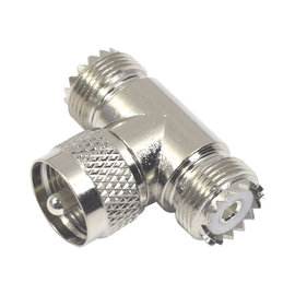 Adaptador en forma T, de Conector UHF Macho (PL-259) a Doble UHF Hembra (SO-239), Níquel/ Plata/ Delrin.